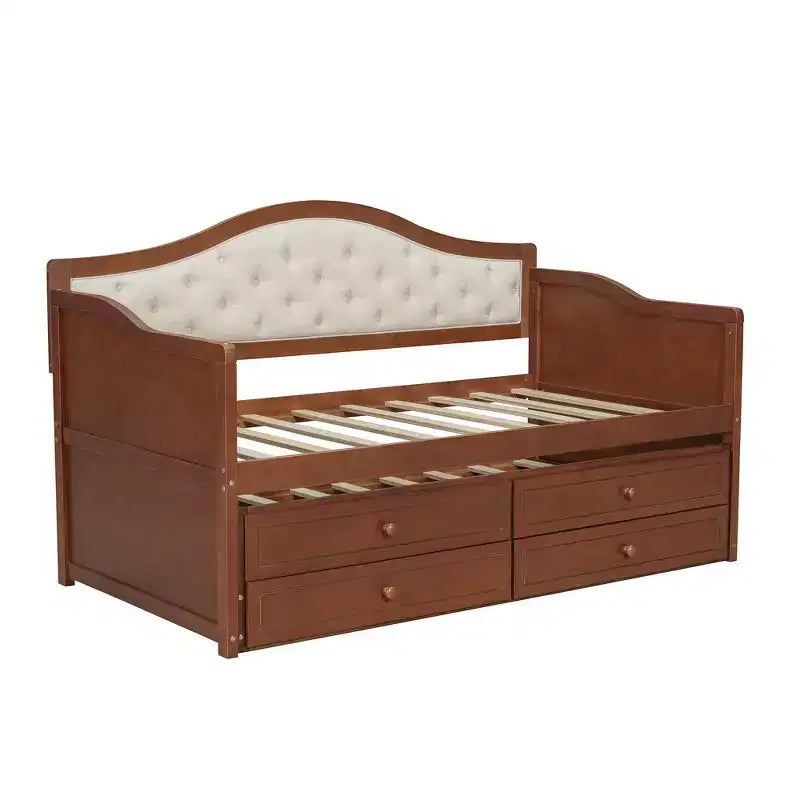 Twin Size Daybed Frame, Wooden Sofa Bed with Trundle, Button Tufted Backrest, 2 Storage Drawers