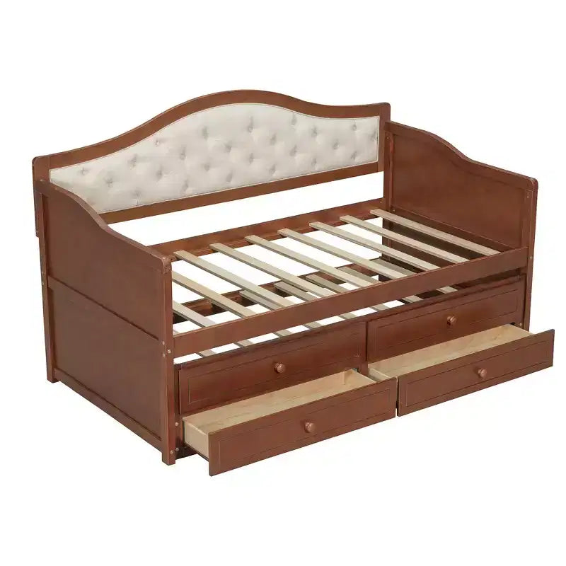 Twin Size Daybed Frame, Wooden Sofa Bed with Trundle, Button Tufted Backrest, 2 Storage Drawers