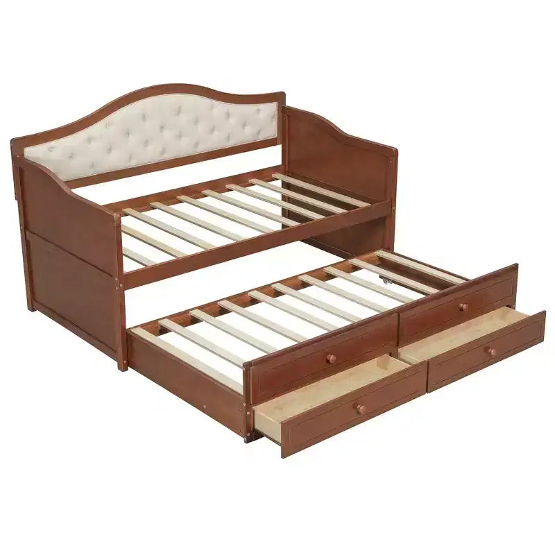 Twin Size Daybed Frame, Wooden Sofa Bed with Trundle, Button Tufted Backrest, 2 Storage Drawers