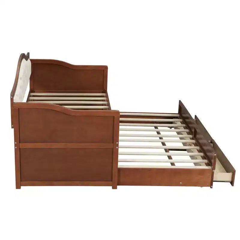 Twin Size Daybed Frame, Wooden Sofa Bed with Trundle, Button Tufted Backrest, 2 Storage Drawers