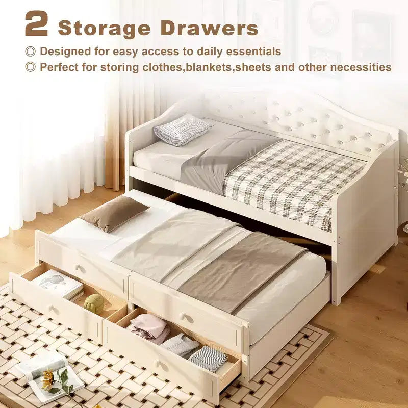 Twin Size Daybed Frame, Wooden Sofa Bed with Trundle, Button Tufted Backrest, 2 Storage Drawers