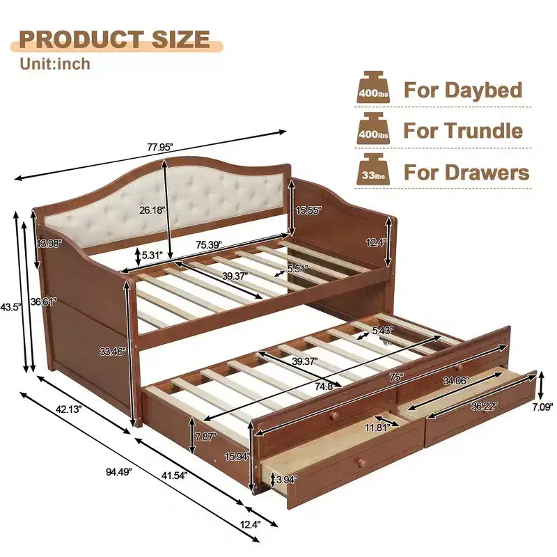 Twin Size Daybed Frame, Wooden Sofa Bed with Trundle, Button Tufted Backrest, 2 Storage Drawers