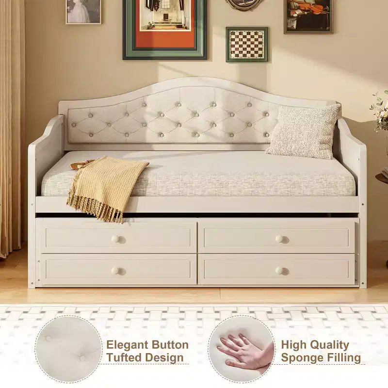 Twin Size Daybed Frame, Wooden Sofa Bed with Trundle, Button Tufted Backrest, 2 Storage Drawers
