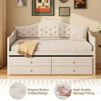Twin Size Daybed Frame, Wooden Sofa Bed with Trundle, Button Tufted Backrest, 2 Storage Drawers