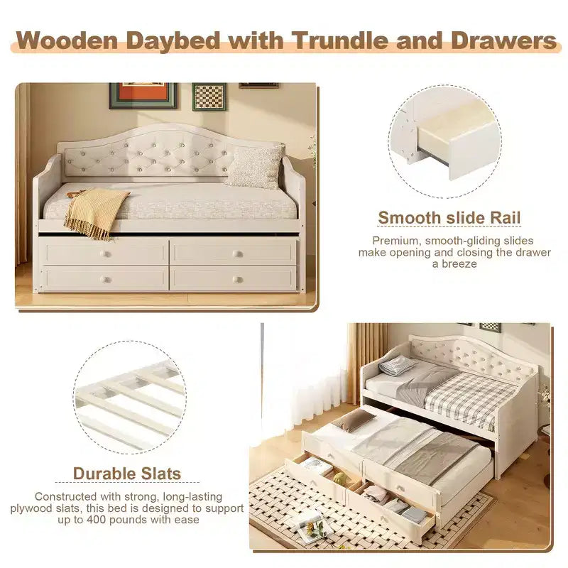 Twin Size Daybed Frame, Wooden Sofa Bed with Trundle, Button Tufted Backrest, 2 Storage Drawers