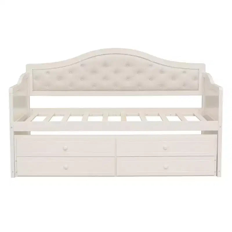 Twin Size Daybed Frame, Wooden Sofa Bed with Trundle, Button Tufted Backrest, 2 Storage Drawers