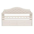 Twin Size Daybed Frame, Wooden Sofa Bed with Trundle, Button Tufted Backrest, 2 Storage Drawers