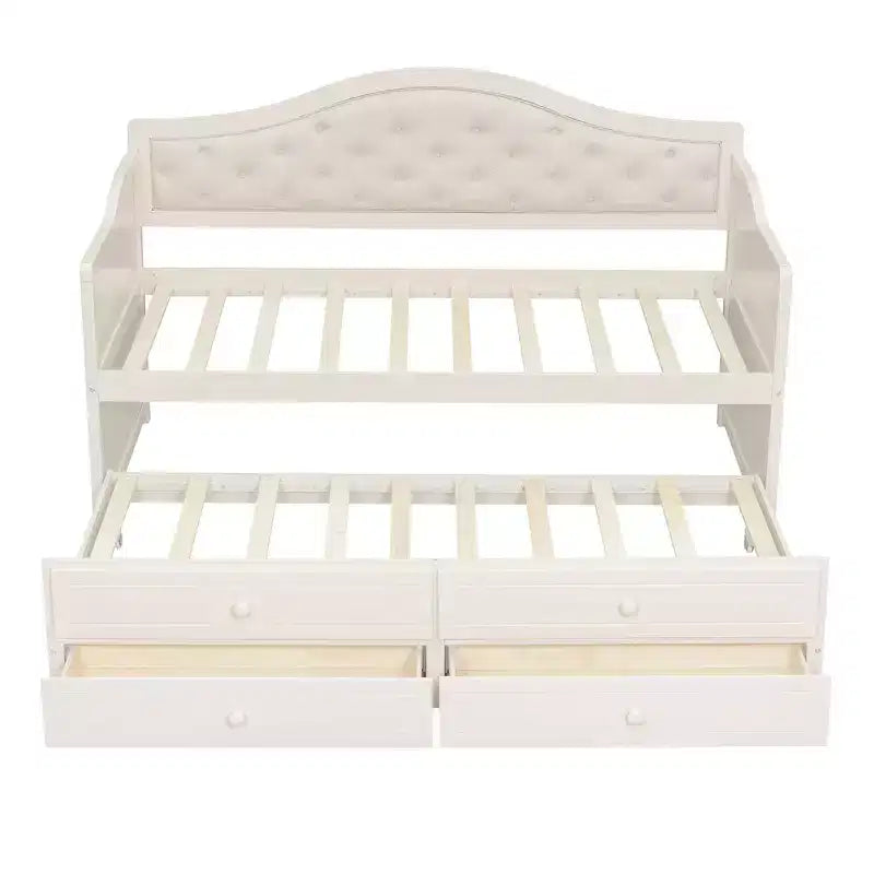Twin Size Daybed Frame, Wooden Sofa Bed with Trundle, Button Tufted Backrest, 2 Storage Drawers