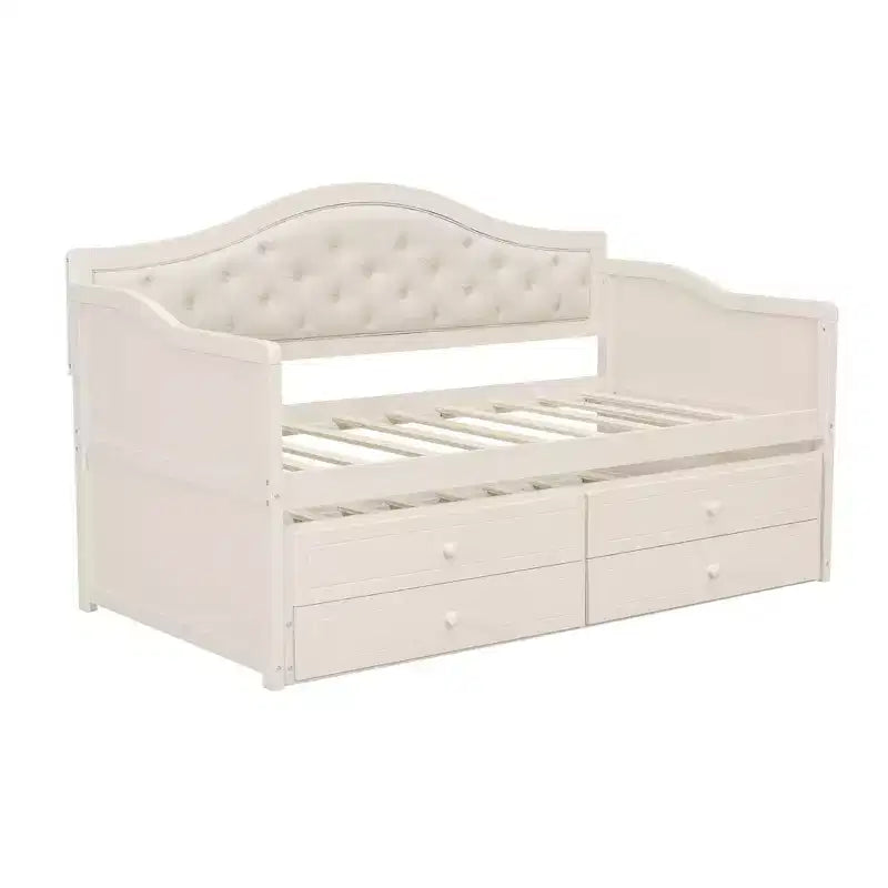 Twin Size Daybed Frame, Wooden Sofa Bed with Trundle, Button Tufted Backrest, 2 Storage Drawers