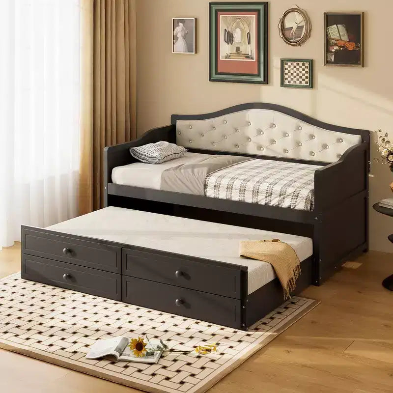 Twin Size Daybed Frame, Wooden Sofa Bed with Trundle, Button Tufted Backrest, 2 Storage Drawers