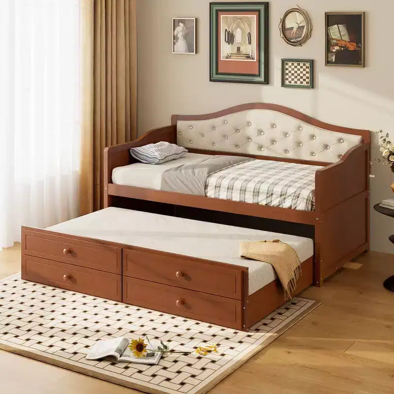 Twin Size Daybed Frame, Wooden Sofa Bed with Trundle, Button Tufted Backrest, 2 Storage Drawers