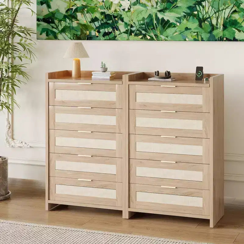 Rattan Dresser, 5-Drawer Tall Storage Chest w/ Metal Handles for Bedroom & Living Room