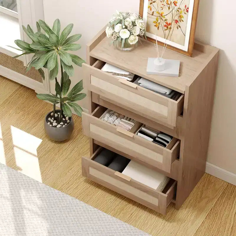 Rattan Dresser, 5-Drawer Tall Storage Chest w/ Metal Handles for Bedroom & Living Room