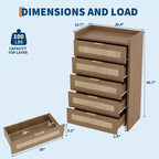 Rattan Dresser, 5-Drawer Tall Storage Chest w/ Metal Handles for Bedroom & Living Room