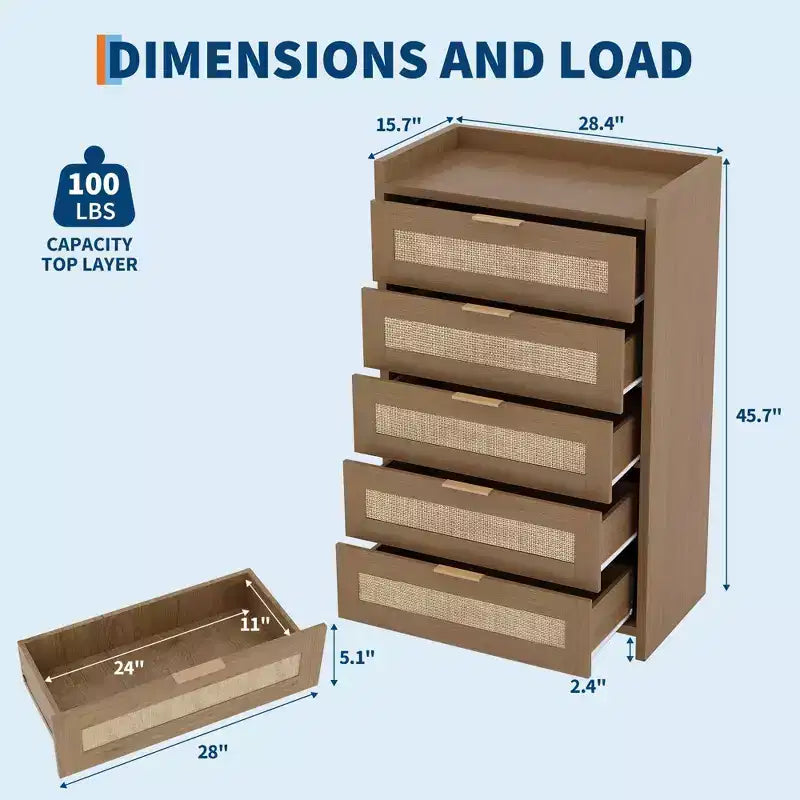 Rattan Dresser, 5-Drawer Tall Storage Chest w/ Metal Handles for Bedroom & Living Room