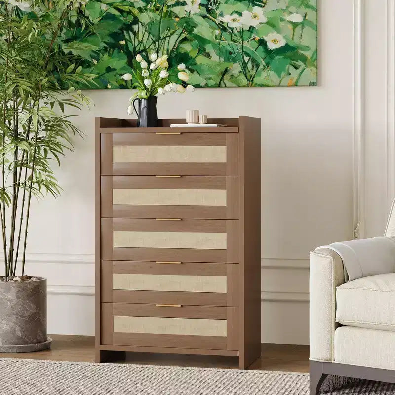 Rattan Dresser, 5-Drawer Tall Storage Chest w/ Metal Handles for Bedroom & Living Room