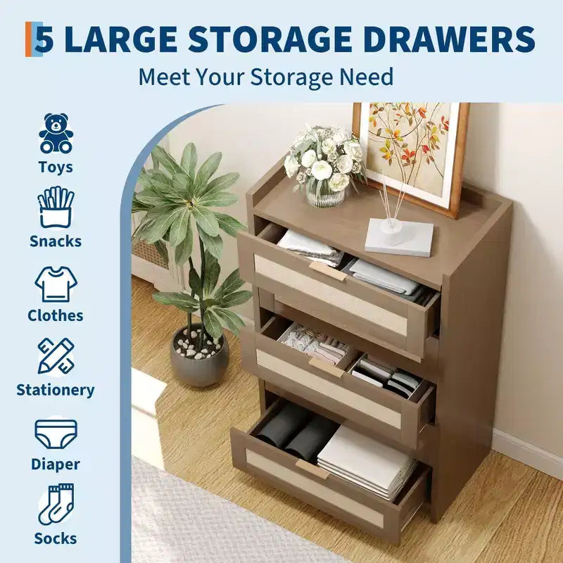 Rattan Dresser, 5-Drawer Tall Storage Chest w/ Metal Handles for Bedroom & Living Room