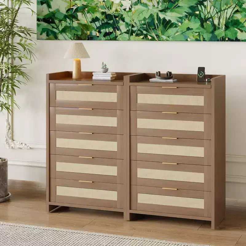 Rattan Dresser, 5-Drawer Tall Storage Chest w/ Metal Handles for Bedroom & Living Room