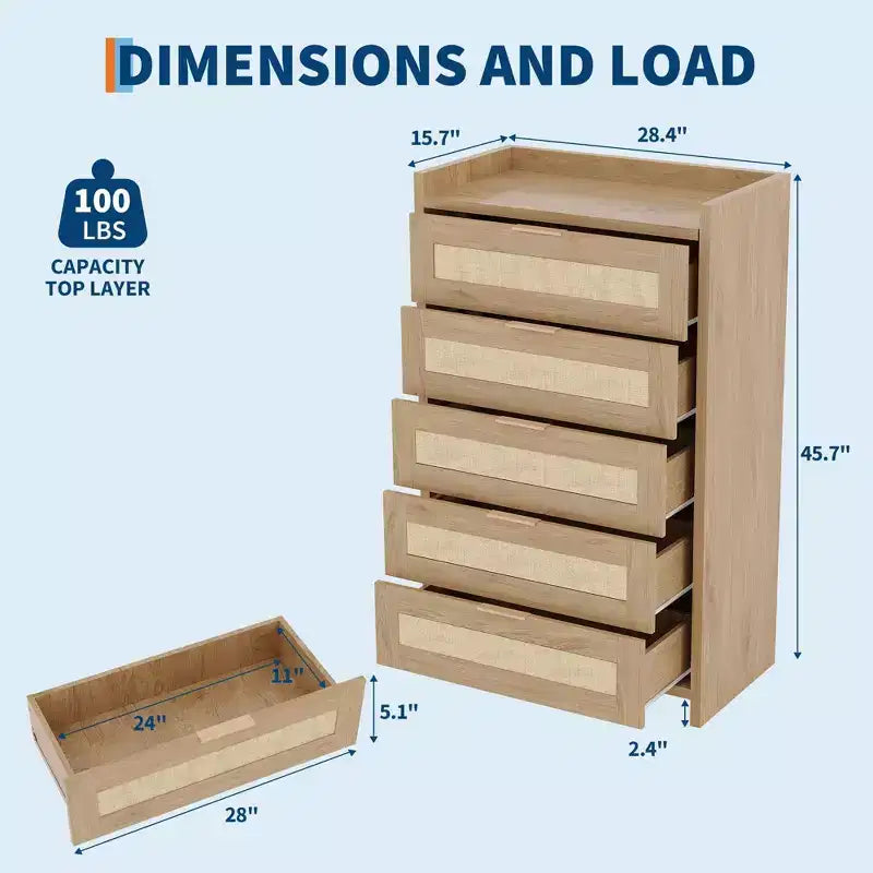 Rattan Dresser, 5-Drawer Tall Storage Chest w/ Metal Handles for Bedroom & Living Room