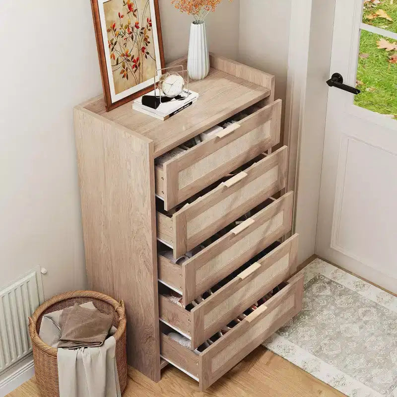 Rattan Dresser, 5-Drawer Tall Storage Chest w/ Metal Handles for Bedroom & Living Room