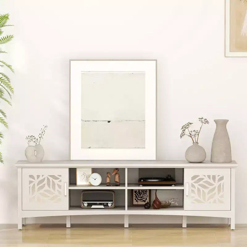 Modern TV Stand for TVs up to 75, TV Console with Adjustable Storage Shelf, Decorative Mirror, Entertainment Center for Living Room