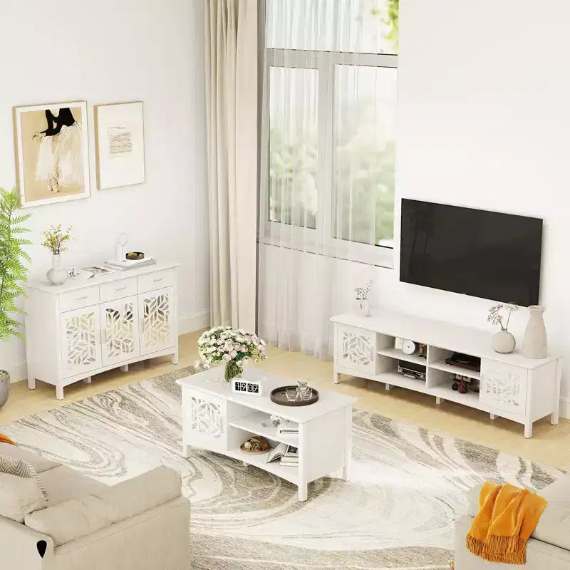 Modern TV Stand for TVs up to 75, TV Console with Adjustable Storage Shelf, Decorative Mirror, Entertainment Center for Living Room