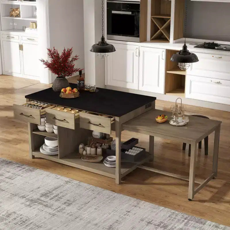 Extendable Kitchen Island with Storage, Multi-Functional Kitchen Cart with Built-In Power Outlets,with Drawers and Open Shelves for Kitchen