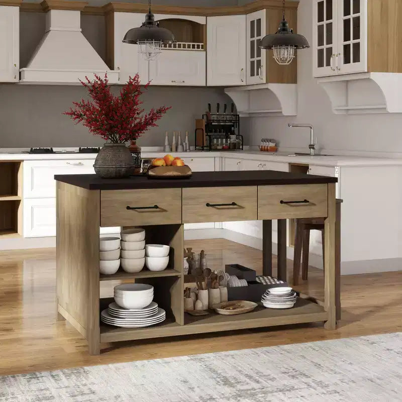 Extendable Kitchen Island with Storage, Multi-Functional Kitchen Cart with Built-In Power Outlets,with Drawers and Open Shelves for Kitchen