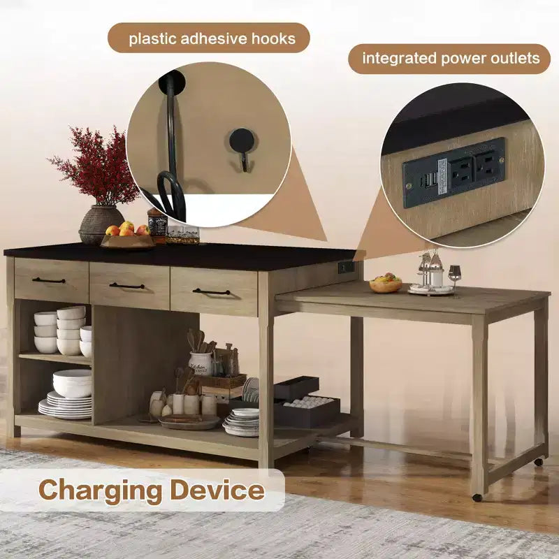 Extendable Kitchen Island with Storage, Multi-Functional Kitchen Cart with Built-In Power Outlets,with Drawers and Open Shelves for Kitchen