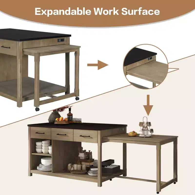 Extendable Kitchen Island with Storage, Multi-Functional Kitchen Cart with Built-In Power Outlets,with Drawers and Open Shelves for Kitchen