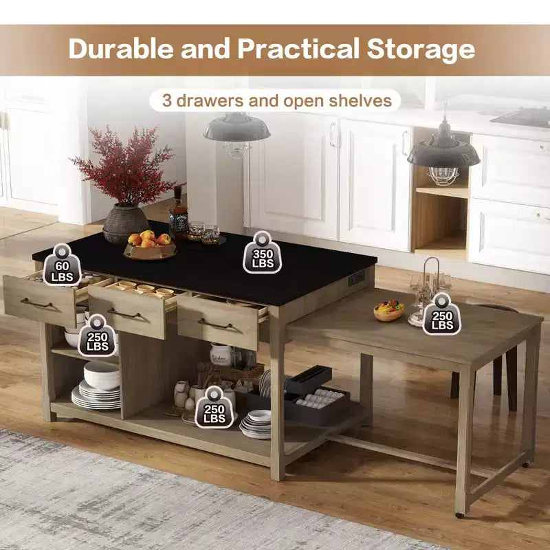 Extendable Kitchen Island with Storage, Multi-Functional Kitchen Cart with Built-In Power Outlets,with Drawers and Open Shelves for Kitchen