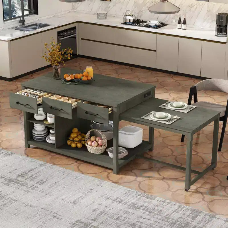 Extendable Kitchen Island with Storage, Multi-Functional Kitchen Cart with Built-In Power Outlets,with Drawers and Open Shelves for Kitchen