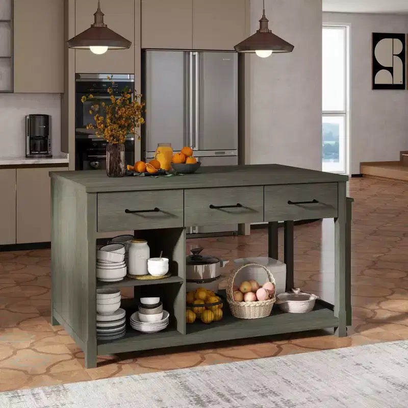 Extendable Kitchen Island with Storage, Multi-Functional Kitchen Cart with Built-In Power Outlets,with Drawers and Open Shelves for Kitchen