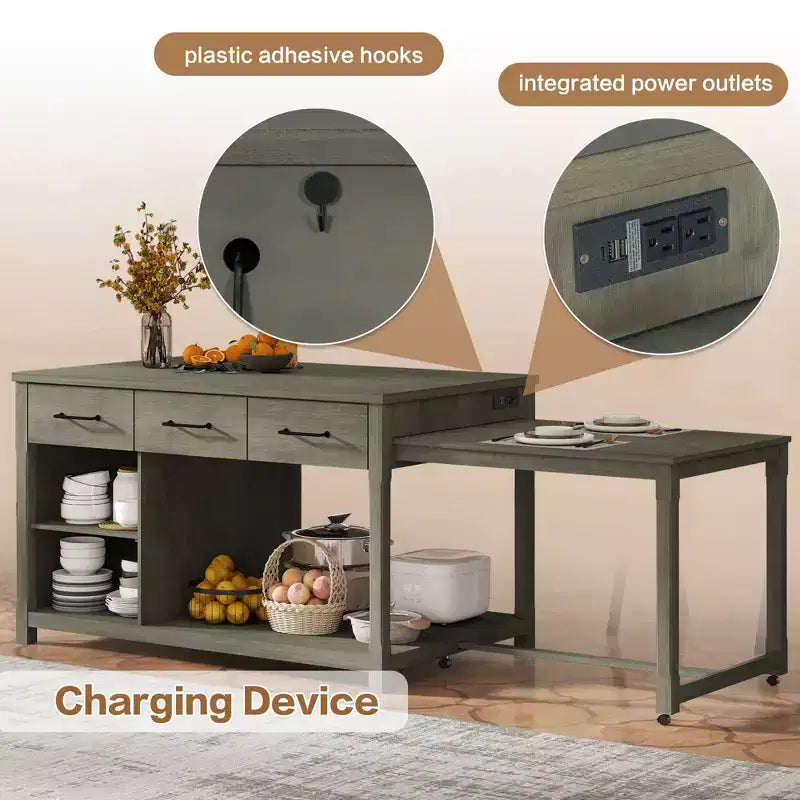 Extendable Kitchen Island with Storage, Multi-Functional Kitchen Cart with Built-In Power Outlets,with Drawers and Open Shelves for Kitchen