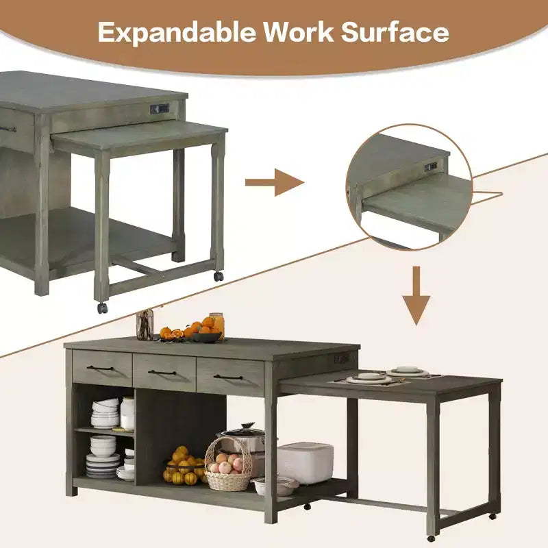 Extendable Kitchen Island with Storage, Multi-Functional Kitchen Cart with Built-In Power Outlets,with Drawers and Open Shelves for Kitchen