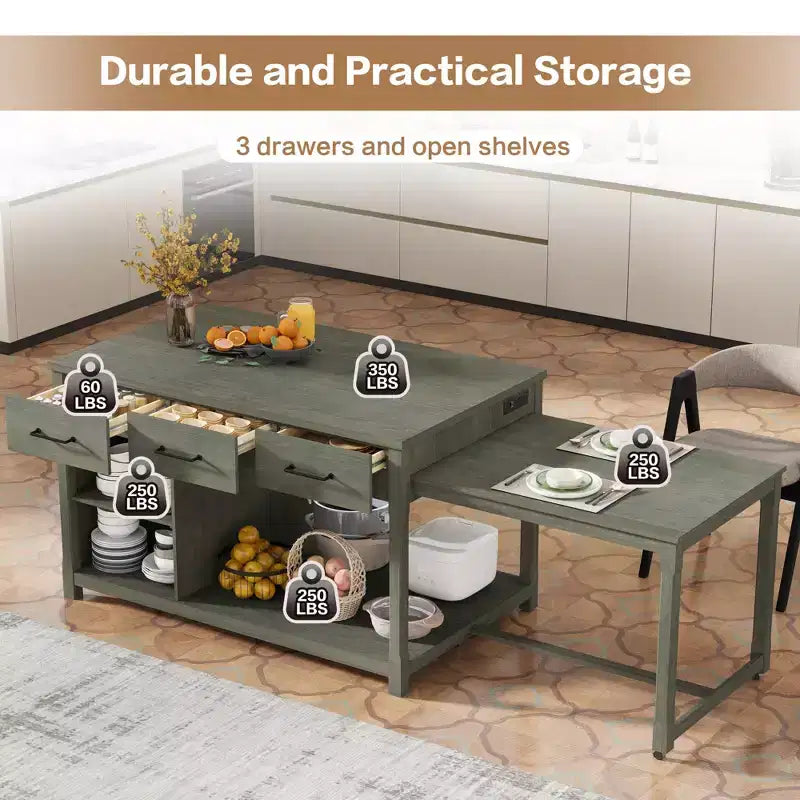 Extendable Kitchen Island with Storage, Multi-Functional Kitchen Cart with Built-In Power Outlets,with Drawers and Open Shelves for Kitchen