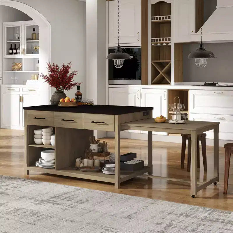 Extendable Kitchen Island with Storage, Multi-Functional Kitchen Cart with Built-In Power Outlets,with Drawers and Open Shelves for Kitchen
