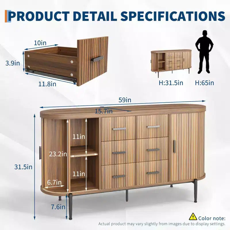 Fluted Sideboard Buffet Cabinet w/ Multiple Drawers & Sliding Doors for Living Room and Dining Room