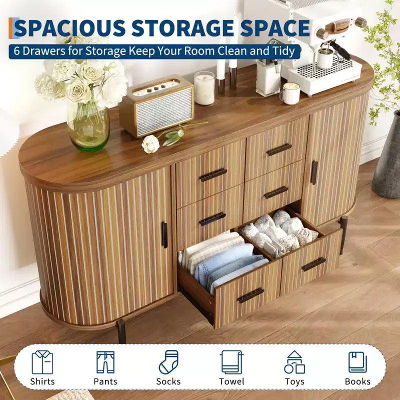 Fluted Sideboard Buffet Cabinet w/ Multiple Drawers & Sliding Doors for Living Room and Dining Room