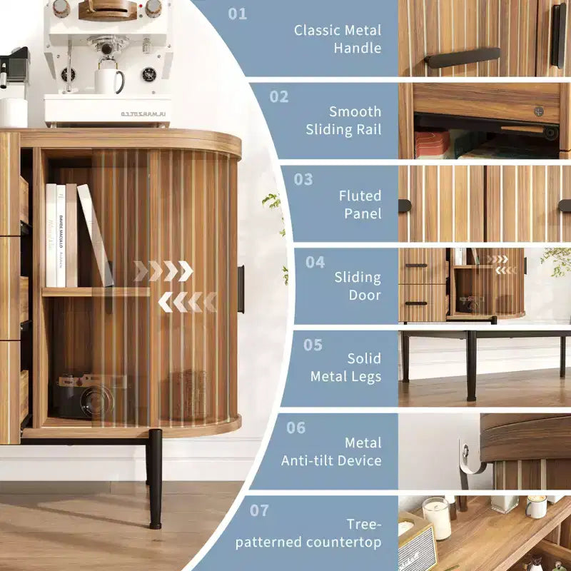 Fluted Sideboard Buffet Cabinet w/ Multiple Drawers & Sliding Doors for Living Room and Dining Room