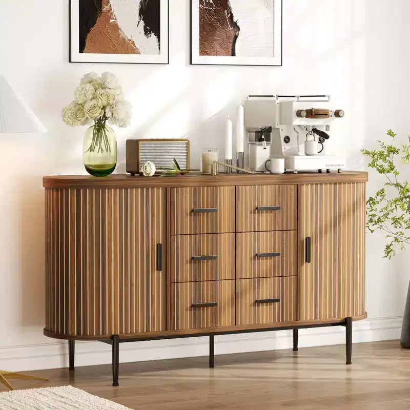 Fluted Sideboard Buffet Cabinet w/ Multiple Drawers & Sliding Doors for Living Room and Dining Room