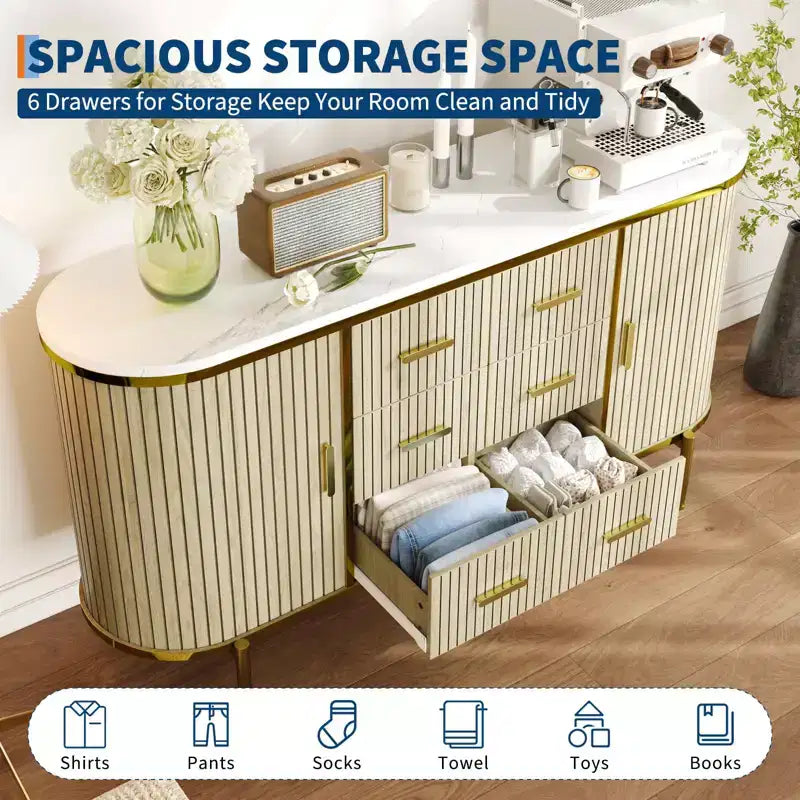 Fluted Sideboard Buffet Cabinet w/ Multiple Drawers & Sliding Doors for Living Room and Dining Room