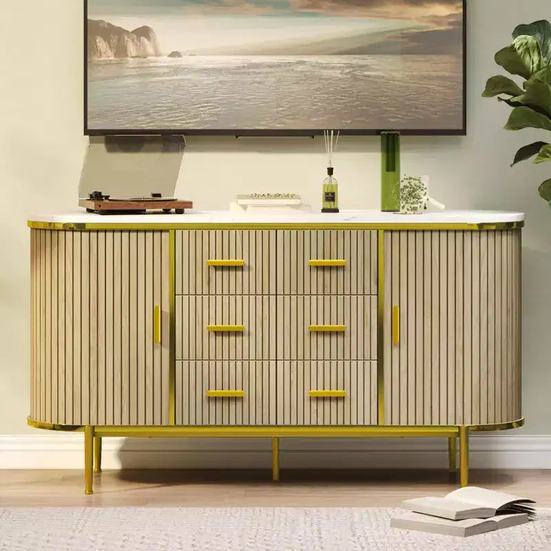 Fluted Sideboard Buffet Cabinet w/ Multiple Drawers & Sliding Doors for Living Room and Dining Room