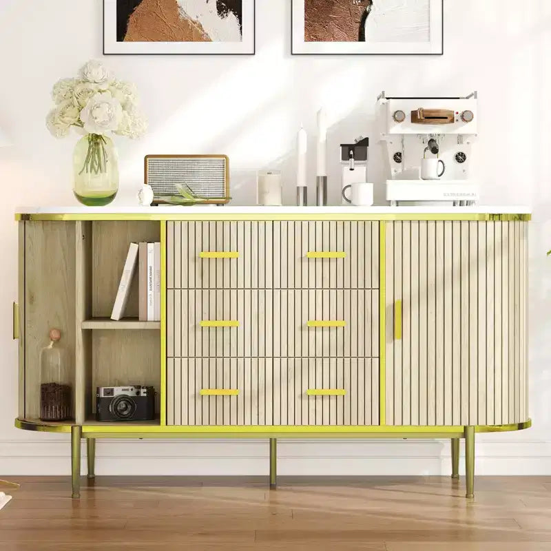 Fluted Sideboard Buffet Cabinet w/ Multiple Drawers & Sliding Doors for Living Room and Dining Room