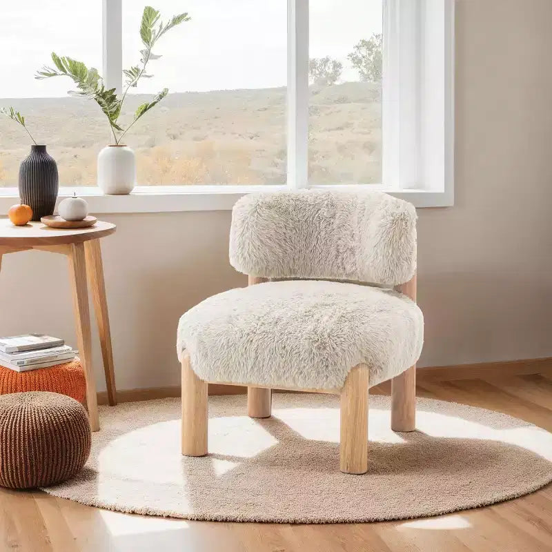 Luxury Plush Faux Fur Upholstery Armless Accent Chair, Elegant Wooden Legs for Living Room, Bedroom, Apartment, or Balcony