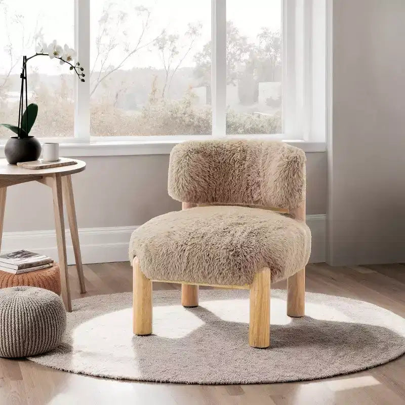 Luxury Plush Faux Fur Upholstery Armless Accent Chair, Elegant Wooden Legs for Living Room, Bedroom, Apartment, or Balcony