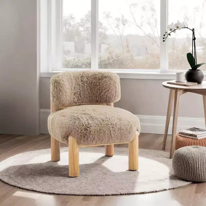 Luxury Plush Faux Fur Upholstery Armless Accent Chair, Elegant Wooden Legs for Living Room, Bedroom, Apartment, or Balcony