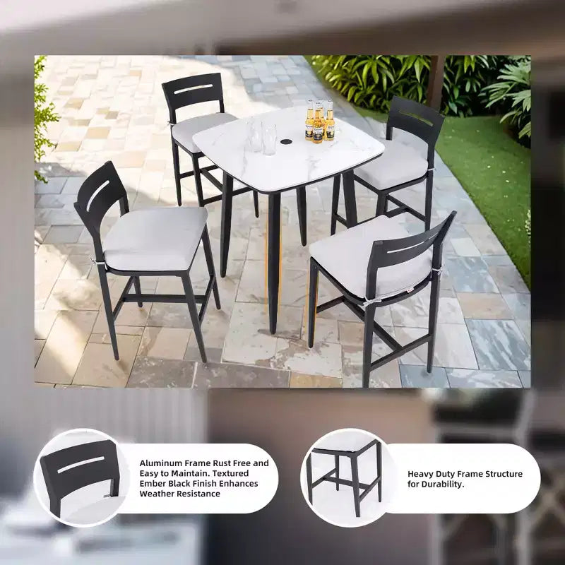 Aluminum Patio Bar Stools with Ergonomic Backrests, Tapered Legs, Footstools, and Cushions; Weather-Resistant and Suitable for Gardens