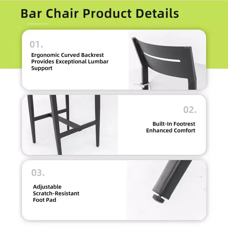 Aluminum Patio Bar Stools with Ergonomic Backrests, Tapered Legs, Footstools, and Cushions; Weather-Resistant and Suitable for Gardens