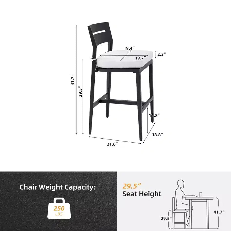 Aluminum Patio Bar Stools with Ergonomic Backrests, Tapered Legs, Footstools, and Cushions; Weather-Resistant and Suitable for Gardens